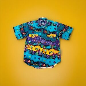 VTG Wrangler Western Shirt M 90s Abstract Surf Skate Cowboy Rodeo Aztec Colorful